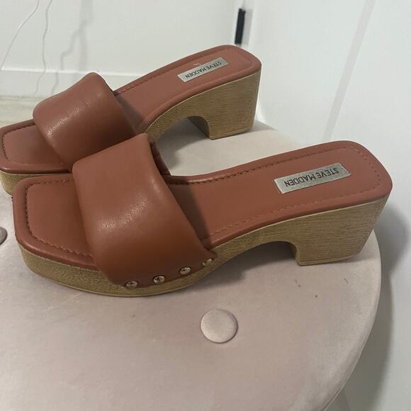 Steve Madden Brown Leather Wooden Block Heel Sandals Size 9 - Picture 4 of 5
